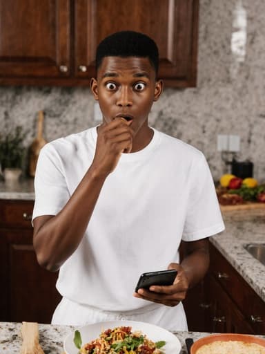 10대 초반의 흑인 남성이 캐주얼한 티셔츠와 반바지를 입고 반신으로 촬영되었습니다. 그는 놀란 표정으로 눈을 크게 뜨고 한 손에는 스마트폰을 들고 다른 손으로는 음식을 맛보려고 하고 있습니다. 배경은 다양한 재료와 요리 도구가 놓인 활기찬 조리실로, 매력적이고 역동적인 요리 장면을 만들고 있습니다.