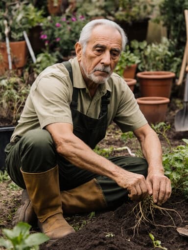 60대의 자연스러운 외모를 가진 라틴계 남성이 정원 도구와 화분이 가득한 아늑한 정원에서 바닥에 앉아 식물의 뿌리를 만지작거리며 무관심한 표정을 짓고 있는 반신 샷입니다.
