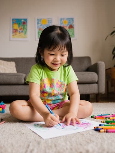 3세 아시아계 소녀가 장난스러운 미소를 지으며 아늑한 거실 바닥에 앉아 밝은 색상의 티셔츠와 반바지를 입고 색연필로 그림을 그리고 있는 반신 사진. 배경은 다채로운 그림과 흩어진 장난감으로 가득 차 있어 재미있고 창의적인 환경을 강조합니다.