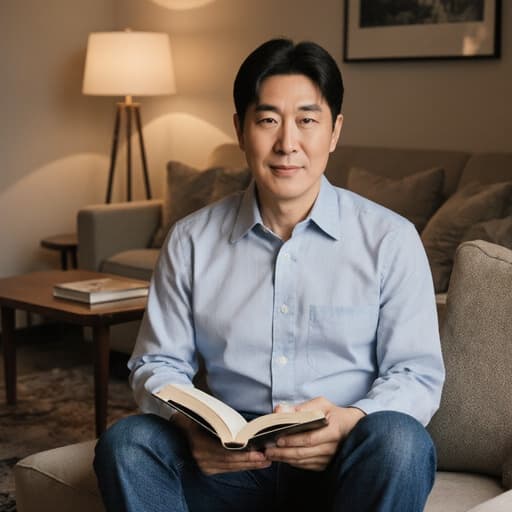 40대의 한국인 남성이 자연스러운 외모를 가지고 아늑한 거실의 따뜻한 조명 아래에서 편안하게 소파에 앉아 있는 반신 샷입니다. 그는 캐주얼한 셔츠와 청바지를 입고 있으며, 손에는 책을 들고 있습니다. 그의 표정은 여유로움을 나타내고 있으며, 편안하고 아늑한 분위기를 강조하는 멋진 커피 테이블이 배경에 있습니다.