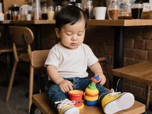 이 이미지는 졸린 표정을 지으며 편안하게 카페에 앉아 있는 1세 남성 동양인 아기 모습입니다. 그는 밝은 색상의 티셔츠와 바지를 입고 세련된 스니커즈를 신고 있으며, 나무 테이블 위의 작은 장난감을 바라보고 있습니다. 다양한 음료가 놓인 따뜻하고 매력적인 카페의 분위기 속에서 찍힌 장면입니다.
