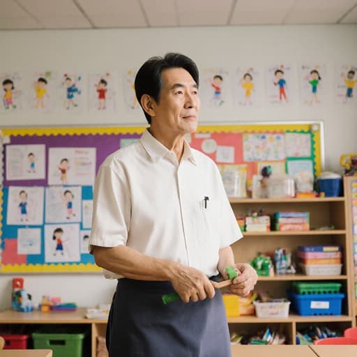 자연스러운 외모의 60대 한국인 남성이 편안한 의상을 입고, 아이들의 그림과 교육 자료로 가득한 유치원 교실에서 청소하는 모습에 깊은 생각에 잠긴 모습입니다. 정감 어린 교육적 분위기를 반영합니다.