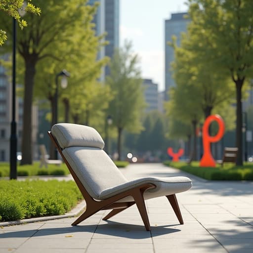 현대적인 의자, 가구, 녹지와 예술 설치물이 있는 활기찬 도시 공원, 신선하고 초대하는 분위기.