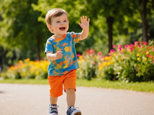 즐거운 표정을 지닌 유럽계 3세 남자아이가 귀여운 외모로 반신 촬영되었습니다. 밝은 색상의 티셔츠와 반바지, 운동화를 착용하고 있으며, 공원에서 양손을 흔들며 인사하는 자세입니다. 배경은 푸르른 나무와 화려한 꽃들로 가득 차 있어, 아이의 행복한 표정과 잘 어우러지는 생기 넘치는 분위기를 연출합니다.