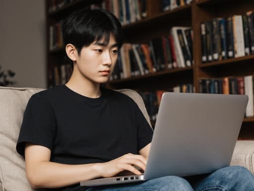 이 이미지는 편안한 티셔츠와 청바지를 입고 소파에 앉아 있는 10대 초반 아시아계 남성을 보여줍니다. 그는 조용한 도서관의 아늑한 코너에서 차분하고 집중한 표정으로 노트북을 바라보고 있으며, 책장이 가득한 배경이 그의 디자인 작업을 위한 평화롭고 초대하는 분위기를 조성합니다.