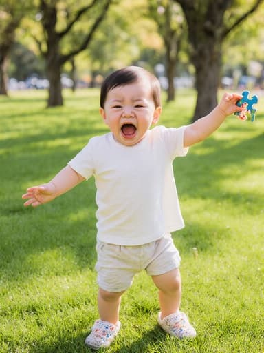 편안한 티셔츠와 반바지를 입고 퍼즐 조각을 쥐고 기지개를 펴고 있는 귀여운 1세 남자 아기, 푸른 잔디와 나무들이 있는 햇살이 비치는 공원 배경에서 따뜻하고 즐거운 분위기를 담은 전신 사진입니다.