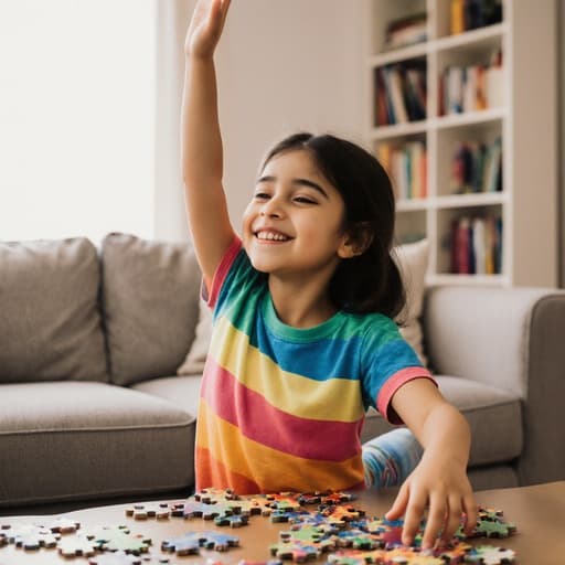 7세의 중동계 여아가 퍼즐 조각을 높이 들고 졸린 듯하지만 귀여운 미소를 지으며, 컬러풀한 티셔츠와 레깅스를 입고 있는 반신 사진. 아늑한 거실 배경에 밝은 조명과 소파가 있는 모습.