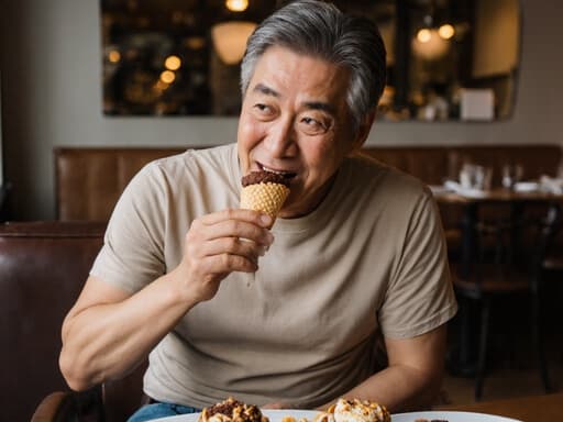 50대 아시아계 남성이 아늑한 카페에서 디저트를 즐기고 있는 반신 촬영으로, 편안한 복장을 하고 있으며 손에 있는 디저트를 바라보며 기쁜 표정을 짓고 있습니다. 배경에는 다양한 맛있는 디저트가 놓인 테이블이 있어 따뜻하고 초대하는 분위기를 더하고 있습니다.