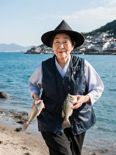60대 한국인 여성의 전신 사진으로, 전통적인 어부의 방수 조끼와 모자를 착용하고 있으며, 물고기를 잡고 바다로 향하는 배경 속에서 자신감 넘치는 모습으로 달려가고 있습니다.