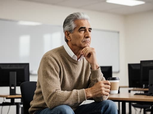 60대의 라틴 남성이 편안한 니트 스웨터와 청바지를 입고 커피 잔을 들고 깊은 생각에 잠긴 모습이 현대적인 교실에서 포착되었습니다.