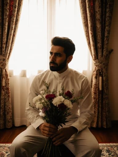 30대 중동계 남성이 편안한 셔츠와 바지를 입고 테이블에 앉아 꽃다발을 조심스럽게 손질하며 걱정스러운 표정을 짓고 있는 반신 촬영 이미지. 배경의 아름답게 꾸며진 거실은 창문을 통해 들어오는 부드러운 자연광으로 차분하고 반영적인 분위기를 더하고 있다.