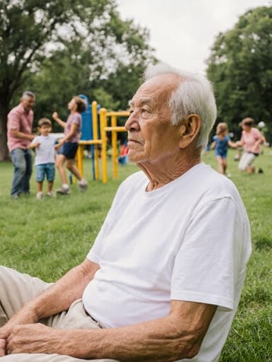 70대의 혼혈 남성이 편안한 티셔츠와 면바지를 입고 공원 잔디에 느긋하게 앉아 있는 반신 사진입니다. 그는 주변에서 놀고 있는 가족을 바라보며 무관심한 표정을 짓고 있으며, 푸르고 무성한 나무들과 잔디가 어우러져 차분하면서도 활기찬 분위기를 자아냅니다.