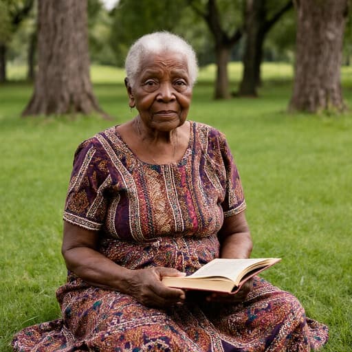 평화로운 공원에서 푸른 잔디 위에 크로스 레그로 앉아 있는 70대 흑인 여성의 반신 사진입니다. 그녀는 화려한 전통 아프리카 드레스를 입고 있으며, 전통 이야기를 담은 책을 들고 있습니다. 피곤하지만 지혜로운 표정으로 자신의 삶의 이야기를 다른 이들과 나누고자 하는 모습이 자연과 어우러져 있습니다.