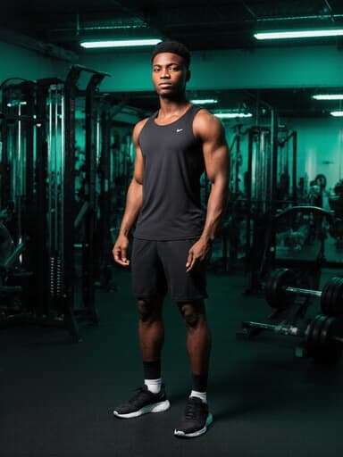 운동복을 입고 있는 자신감 있는 10대 후반의 아프리카계 남성이 밝은 피트니스 공간에서 운동을 준비하며 자연스럽고 평온한 표정을 짓고 있는 반신 사진입니다.