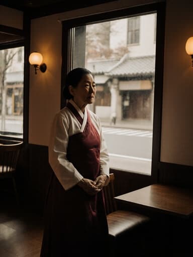 70대 백인 여성이 전통적인 한국식 한복을 입고 아늑한 카페 창가에 기대어 서 있는 전신 샷. 외로운 표정을 지으며 고독한 감정을 표현하고 있다. 따뜻한 카페 내부와 창밖의 잔잔한 거리 풍경이 이미지의 감정적 깊이를 더하고 있다.