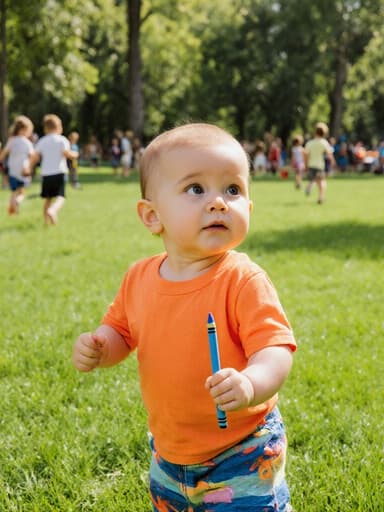 호기심 가득한 표정을 지닌 귀여운 백인 1세 남자 아기가 밝은 색상의 티셔츠와 반바지를 입고 공원에서 색연필을 쥐고 달려가고 있는 모습의 전신 샷. 배경에는 놀고 있는 다른 아이들이 있어 즐겁고 호기심 가득한 분위기를 전달합니다.