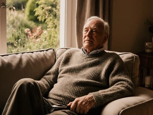 70대 유럽계 남성이 편안한 니트 스웨터와 바지를 입고 아늑한 거실의 소파에 앉아 정원 도구를 들고 있습니다. 차분한 표정으로 정원 가꾸기에 대한 만족감을 느끼고 있으며, 배경에는 창문을 통해 밝은 정원이 보입니다.