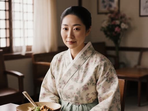 40대 라틴계 여성의 반신 촬영, 부드러운 색감의 전통 한복을 입고 있으며, 아늑한 전통 한의원 대기실에서 음식을 먹으며 상담을 준비하는 모습입니다. 그녀는 편안한 표정을 짓고 있으며, 따뜻한 조명과 자연 요소가 어우러져 차분한 분위기를 자아냅니다.