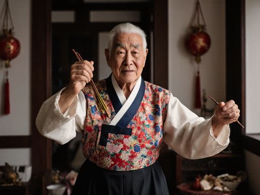이미지에는 80대의 동양인 남성이 화려한 전통 한복을 입고, 전통 음식 재료를 손에 들고 즐거운 춤 자세를 취하고 있는 모습이 담겨 있으며, 아늑한 거실에 전통 한국 소품들이 장식되어 있습니다.