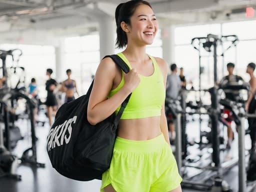 10대 후반의 한국인 여성 모델이 밝은 색상의 스포츠 의상과 운동화를 착용하고, 어깨에 운동용 가방을 메고 가벼운 걸음을 걷고 있는 모습의 반신 사진입니다. 그녀는 밝고 즐거운 표정으로, 다양한 운동 기구와 훈련 중인 사람들로 가득한 넓은 실내 운동 센터에서 에너지와 동기부여가 넘치는 분위기를 만들어냅니다.