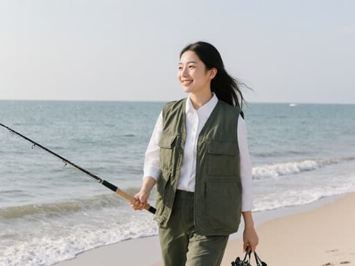 10대 초반 한국인 소녀가 어업용 조끼와 바지를 입고 낚시 도구를 들고 밝게 웃으며 잔잔한 바다와 해변을 바라보는 반신 사진입니다.