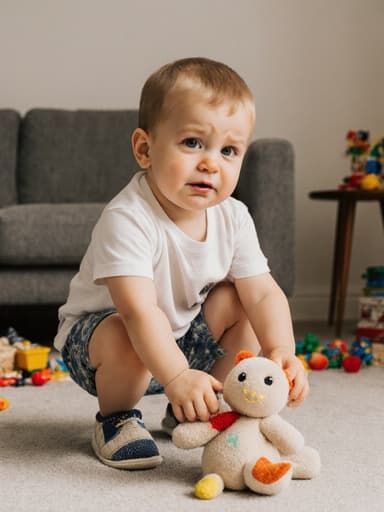 아늑한 거실에서 편안한 티셔츠와 반바지를 입고 귀여운 슬리퍼를 신은 3세 백인 남자아이의 전신 사진입니다. 그는 인형을 두 손으로 쥐고 스트레칭하며 배고픈 듯 약간 찡그린 표정을 짓고 있으며, 장난감이 흩어져 있고 소파와 테이블이 있는 놀기 좋은 분위기 속에 있습니다.