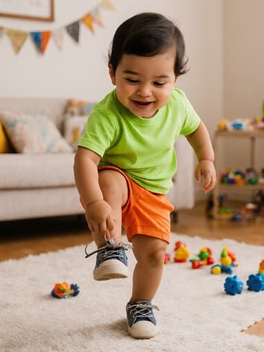 밝은 색상의 티셔츠와 반바지를 입은 장난스러운 1세 남성 라틴계 아기가 신발을 신기 위해 점프하며 한 발을 들어올리며 장난스러운 표정을 짓고 있는 모습의 전체 몸샷. 아늑한 거실에서 장난감들이 흩어져 있는 배경으로, 아이의 즐거운 표정과 놀이의 본질을 포착합니다.