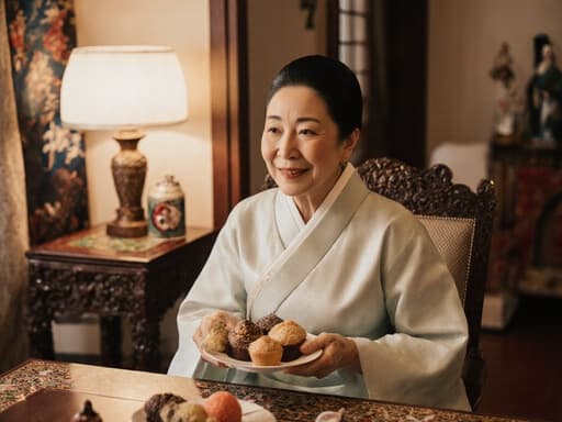 이미지는 전통 한복을 입고 다과를 들고 감사의 미소를 짓고 있는 70세 백인 여성을 반신으로 촬영한 모습입니다. 배경의 아늑한 거실은 전통 장식으로 꾸며져 있어 문화적 분위기를 더해줍니다.