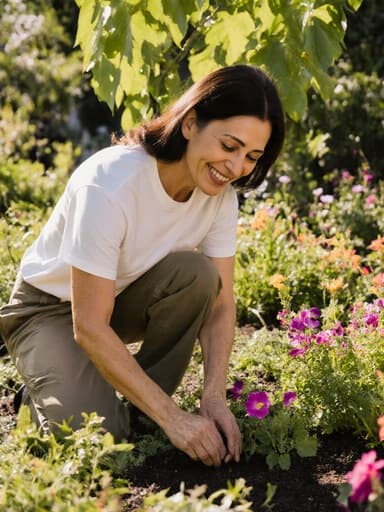 40대 라틴계 여성이 편안한 정원 작업복을 입고, 아름답게 가꿔진 다양한 식물들이 있는 정원에서 꽃을 심으며 긍정적인 표정을 짓고 있는 모습의 반신 사진, 활기차고 즐거운 분위기를 자아냅니다.