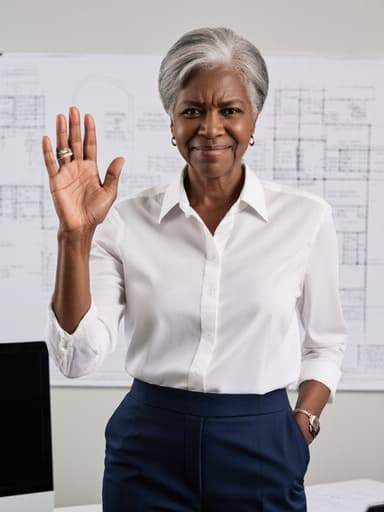 60대 흑인 여성이 전문적인 블라우스와 정장 바지를 입고 긴장한 표정을 지으며 손을 들어 인사하는 반신 초상입니다. 건축 도면과 컴퓨터가 있는 현대적인 사무실 배경이 전문적인 분위기를 더합니다.