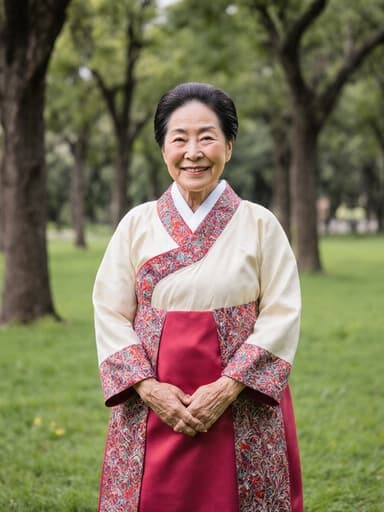 평화로운 공원에서 전통 한복을 입고 따뜻하게 미소짓고 있는 80대 혼혈 여성의 전신 사진입니다. 그녀의 자연스러운 아름다움과 여유로운 자세가 그녀의 의상의 우아함을 강조하는 고요한 분위기를 만들어냅니다.