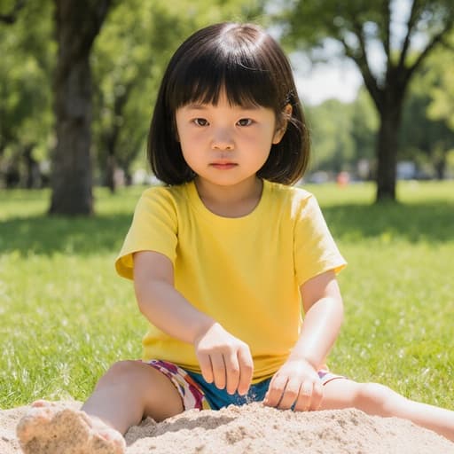 햇살이 비치는 공원에서 모래에 앉아 있는 7세 동양인 소녀의 반신 사진입니다. 그녀는 밝은 색상의 티셔츠와 반바지를 입고 있으며, 배고픈 표정을 지으며 모래를 만지작거리고 있습니다. 주변에는 나무와 잔디가 있습니다.