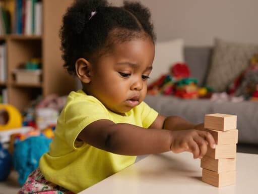 밝은 색상의 티셔츠와 편안한 바지를 입은 귀여운 1세의 흑인 여성의 반신 샷입니다. 그녀는 배고픈 표정과 약간의 불만이 섞인 느낌을 지으며 테이블 위에 놓인 블록을 쌓으려고 손을 뻗고 있습니다. 배경은 장난감과 책들이 흩어져 있는 아늑한 거실로, 그녀의 장난스러운 상호작용을 잘 보완해주는 따뜻하고 초대하는 분위기를 자아냅니다.