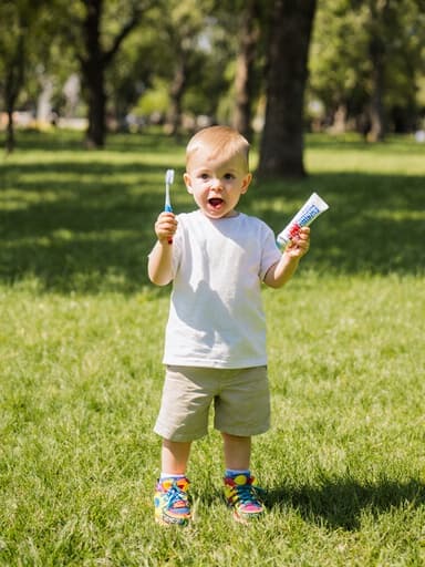 햇살이 비치는 공원에 서 있는 매력적인 7세 유럽계 남자아이가 칫솔과 치약을 손에 들고 배가 고픈 표정을 짓고 있습니다. 편안한 티셔츠와 반바지를 입고 있는 그는 어린 시절의 장난기 가득한 순수를 표현하며, 치아 건강의 중요성을 알리고 있습니다. 공원의 푸르고 울창한 배경은 이 장면의 경쾌한 분위기를 한층 더해줍니다.