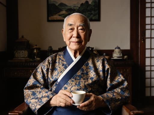 80대의 지혜로운 동양인 남성이 고급스러운 전통 한복을 입고 아늑한 거실에 편안하게 앉아 전통 찻잔을 들고 온화한 미소를 짓고 있으며, 전통 장식으로 감싸인 차분한 분위기를 연출하고 있습니다.