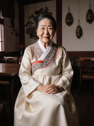 70대 동양인 여성의 반신 사진으로, 화려한 자수가 새겨진 전통 한복을 입고 있으며, 아늑한 카페에서 따뜻하게 미소 지으며 편안하게 앉아 있습니다.