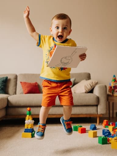 이미지는 아기자기한 장난감이 있는 아늑한 거실에서 귀엽고 자연스러운 외모를 지닌 1세 남자아이를 보여줍니다. 그는 편안한 티셔츠와 반바지를 입고, 밝은 색상의 스니커즈를 신었습니다. 그의 표정은 배고픈 모습으로, 눈을 크게 뜨고 있으며, 그림을 그리기 위해 공책을 두 손으로 들고 점프하고 있습니다.