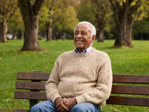 80대 혼혈 남성이 푸르른 잔디와 나무가 있는 공원에서 나무 벤치에 편안하게 앉아 있는 반신 촬영입니다. 그는 편안한 니트 스웨터와 청바지를 입고 있으며, 여유롭게 기다리며 만족스러운 표정을 짓고 있습니다. 배경은 생기 있는 잔디와 나무들로 가득 차 있어 주제의 차분한 분위기를 더욱 돋보이게 합니다.