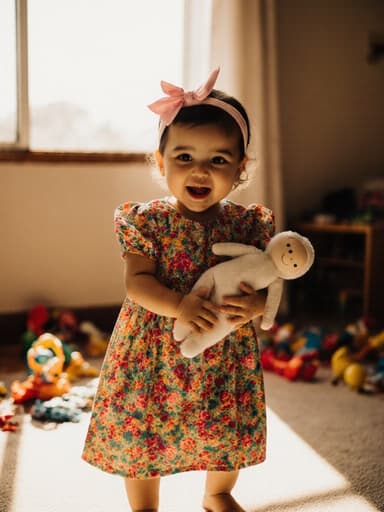 화려한 드레스와 리본 헤어밴드를 착용한 1세의 중동계 여성 아기가 배고픈 표정을 지으며 인형을 꼭 쥐고 춤추듯이 움직이는 모습이 장난감이 흩어져 있는 아늑한 거실에서 자연광이 비추고 있는 장면.