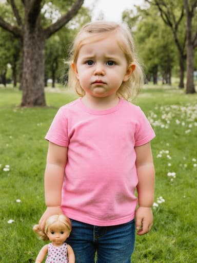 3세 백인 여성의 전신 사진으로, 자연스러운 모습의 분홍색 티셔츠와 청바지를 입고 인형을 손에 들고 있는 모습입니다. 푸른 잔디가 깔린 공원에서 나무와 꽃들에 둘러싸여 있으며, 지루한 표정을 짓고 있습니다.