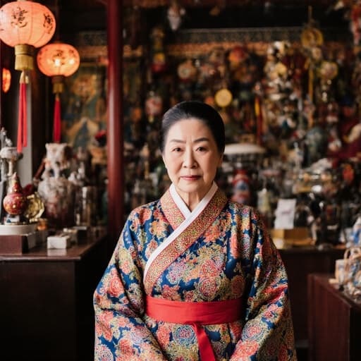 70대 혼혈 여성의 반신 사진으로, 화려한 한복을 입고 회의실에 앉아 무관심한 표정을 지으며 무릎 위에 손을 얹고 있으며, 전통 축제를 주제로 꾸며진 카페 내부와 다양한 전통 소품들이 배경을 이루고 있습니다.