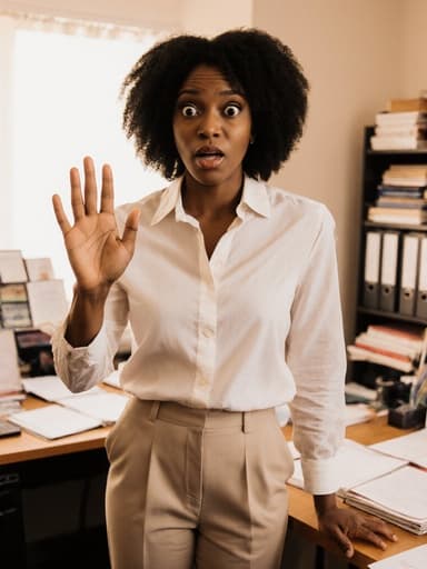 편안한 블라우스와 슬랙스를 입은 30대 흑인 여성이 놀란 표정으로 손을 흔들며 인사하는 모습이 정돈된 교육 연구 사무실 배경에서 촬영되었습니다. 깔끔한 책상과 다양한 교육 자료가 있는 이 공간은 전문적이고 초대하는 분위기를 만들어냅니다.