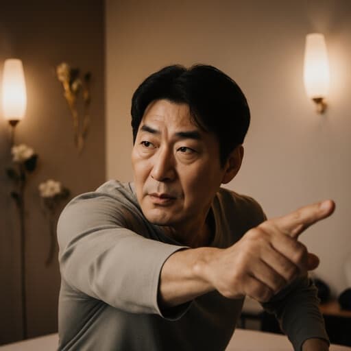 40대 한국인 남성이 편안한 운동복을 입고 긴장한 표정으로 무언가에 집중하며 몸을 살짝 기울인 채 춤추는 자세를 취한 반신 사진, 아늑한 마사지샵 내부에서 부드러운 조명과 자연적인 장식이 어우러져 편안한 분위기를 강조합니다.