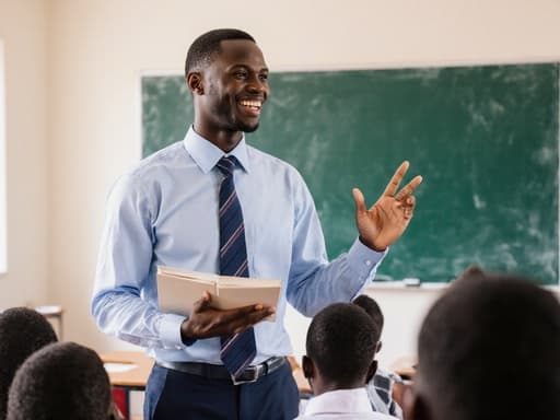 밝은 교실에서 학생들에게 열정적으로 설명하는 아프리카계 남자 선생님의 활기찬 반신 샷, 한 손에 책을 들고 다른 손으로 학생들을 가리키며 교육적인 분위기를 만들어냅니다.