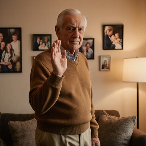 80대 백인 남성이 따뜻한 스웨터와 편안한 바지를 입고, 걱정스러운 표정을 지으며 가족에게 손을 흔드는 모습의 반신 사진. 아늑한 거실에서 가족 사진과 따뜻한 조명이 비춰지는 분위기.
