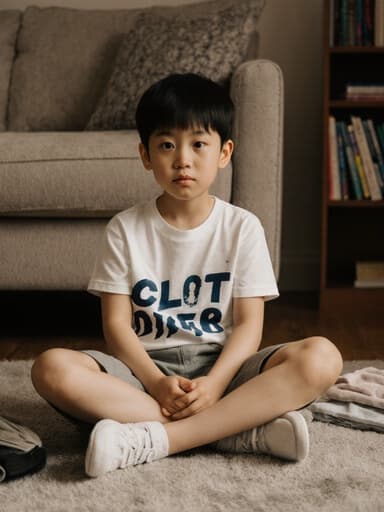 7세 동양인 남성이 자연스러운 외모로 아늑한 거실에서 반다리를 하고 앉아 있는 반신 사진입니다. 그는 편안한 티셔츠와 반바지를 입고 있으며, 앞에 있는 옷들과 상호작용하며 지루한 표정을 짓고 있습니다. 배경에는 소파와 책장이 있어 따뜻한 분위기를 자아냅니다.