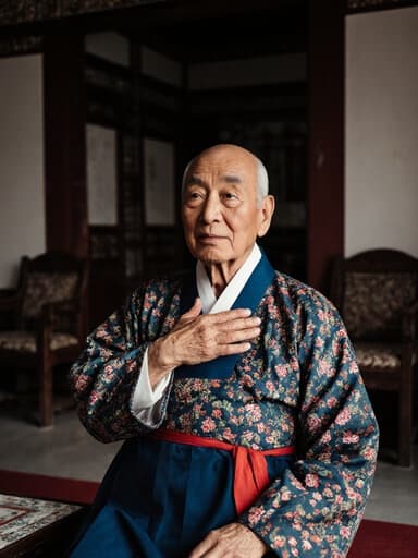 80대 아시아계 남성이 전통 한복을 입고 가슴에 손을 대고 인사하는 자세로 외로운 표정을 짓고 있는 반신 사진. 배경은 고풍스러운 가구가 배치된 전통 건축 양식의 거실로, 이미지의 감정 깊이를 더욱 강조합니다.