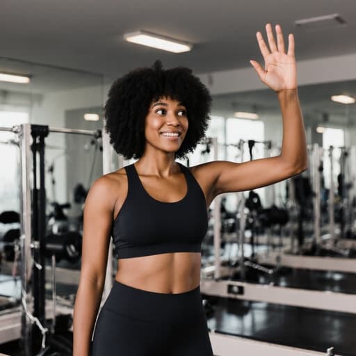 30대 아프리카계 여성이 운동복을 입고 현대적인 필라테스 스튜디오에서 운동 기구가 배치된 가운데 친근하게 팔을 들어 인사하고 있는 모습입니다.