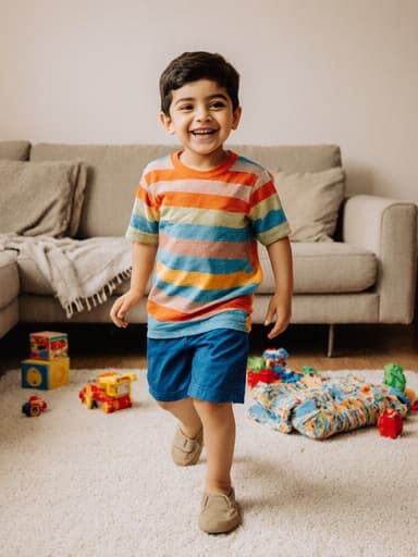 즐거운 표정을 짓고 있는 7세 중동계 남자아이, 색색의 티셔츠와 반바지를 입고 아늑한 거실에서 소파와 여러 장난감들이 있는 공간에서 자신이 입을 옷을 고르며 행복하게 걷고 있습니다.