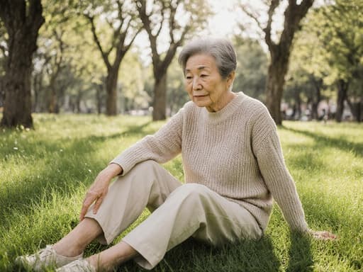편안한 니트 스웨터와 면바지를 입고 공원의 잔디 위에 앉아 바닥을 만지작거리는 70대 아시아계 여성의 반신 사진. 지루한 표정을 짓고 있으며, 배경은 푸른 잔디와 나무로 둘러싸인 평화로운 분위기를 연출하고 있습니다.